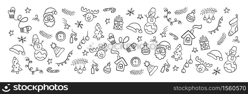 Christmas flyer with Santa Claus, christmas tree, reindeer, snowman, gift, snowflake and other. Vector hand drawn illustration in doodle and cartoon style.. Christmas flyer with Santa Claus, christmas tree, reindeer, snowman, gift, snowflake and other. Vector hand drawn illustration