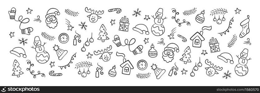 Christmas flyer with Santa Claus, christmas tree, reindeer, snowman, gift, snowflake and other. Vector hand drawn illustration in doodle and cartoon style.. Christmas flyer with Santa Claus, christmas tree, reindeer, snowman, gift, snowflake and other. Vector hand drawn illustration