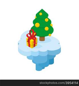 Christmas flying island. Piece of land with tree and present. Holiday tree with balloons and box with gift and red tape. Fantastic island for new year. Part of ice with winter holiday objects.