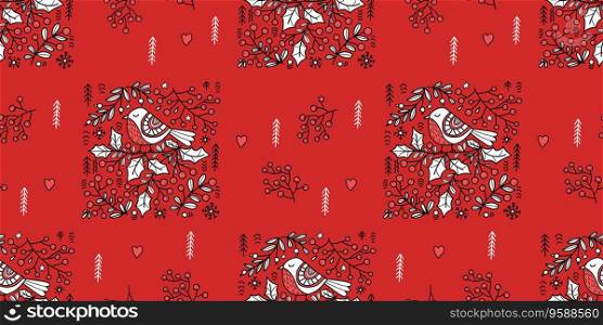 Christmas folk art horizontal seamless pattern. Bird on holly branch on red background. Vector illustration. Xmas folk repetitive design in style colored linear hand drawing