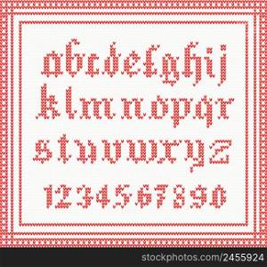 Christmas Font: knitted gothic alphabet in red color. Christmas concept for banner, placard, billboard or web site with old english font. New Year retro greeting card and background. Image for invitation.