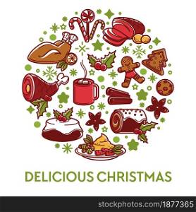 Christmas food and dishes, delicious meal banner. Grilled chicken and pies, ham and gingerbread cookies, lollipops and tea with marshmallow. Decorative banner with menu, vector in flat style. Delicious Christmas food and dishes for winter holidays