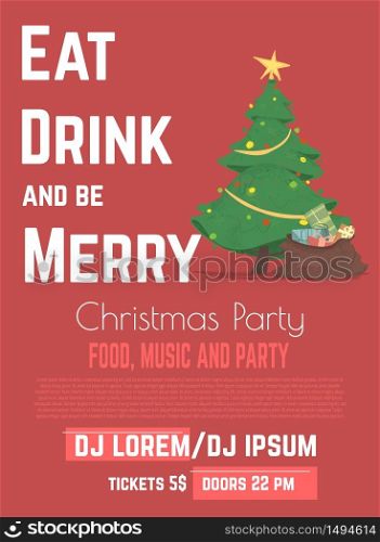 Christmas Food and Music Party with DJ Performance Cartoon Vector Advertising Flyer, Promo Poster or Invitation Card Design Template with Wrapped Gifts in Santa Sack Under Christmas Tree Illustration