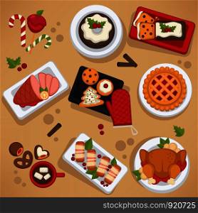 Christmas food on celebrating table feast on winter holiday vector turkey roasted chicken and traditional mistletoe plant with leaf and berry candy lollipop stick and apple fruit cakes and desserts. Christmas food on celebrating table feast on winter holiday