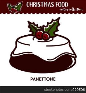 Christmas food panettone festive dessert with glaze and berries winter holiday recipe bakery product and pastry icing and cranberry baked dough and cream confectionery meal vector illustration. Christmas food, festive dessert with glaze and berries