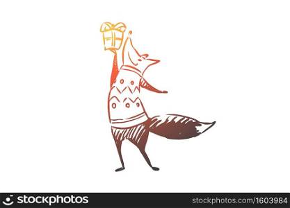 Christmas, fox, gift, greeting, celebration concept. Hand drawn funny fox with Christmas gift concept sketch. Isolated vector illustration.. Christmas, fox, gift, greeting, celebration concept. Hand drawn isolated vector.