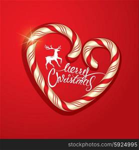 Christmas Frame in candy canes heart shape on red background. Merry Christmas handwritten text and reindeer. Winter holiday card.
