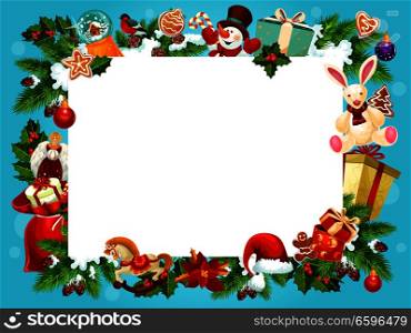 Christmas frame with copy space for New Year holiday greeting card design. Blank paper, edged with Xmas tree, gift and holly branch, snowman, snowflake and ball, present, Santa hat and candy border. Christmas holiday frame for greeting card design
