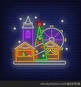 Christmas fun fair neon sign. Glowing neon fir tree, garlands, attractions. New year, Christmas, winter. Vector illustration in neon style for greeting card, invitation, announcement