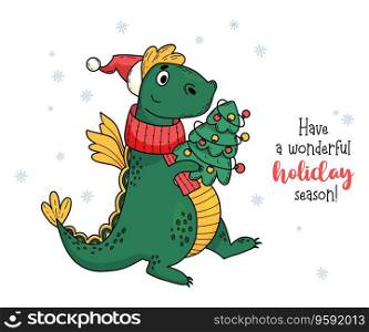Christmas funny card with cute character dragon with Christmas tree. Vector illustration. 2024 year dragon according to eastern calendar. Xmas and new year design, holiday decor