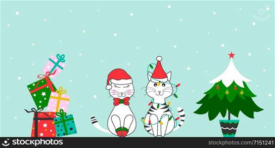 Christmas funny cats with gift and tree. Merry Christmas and happy new year cute card design. Holiday background banner
