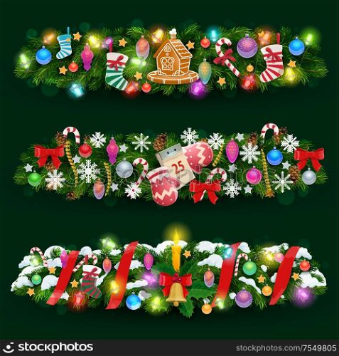 Christmas garland vector design of Xmas tree, New Year gifts and snow, bell, red ribbons and bows. Pine and holly berry borders with candy canes, snowflakes and calendar, gingerbread, socks and balls. Christmas tree and holly garland of gifts, ribbons