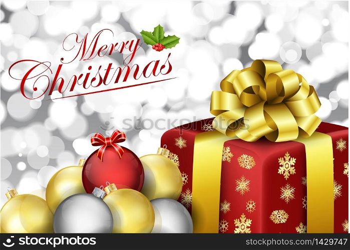 Christmas gift box and balls with baubles blurred background vector