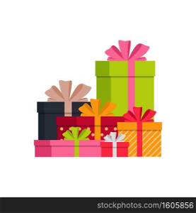 Christmas gift box. Vector flat present for design of holiday. Pile of boxes with ribbon, bow for surprise on birthday. Santa&rsquo;s gift for merry christmas. Christmas gift box. Vector flat present for design of holiday. Pile of boxes with ribbon, bow for surprise on birthday. Santa&rsquo;s gift for merry christmas.