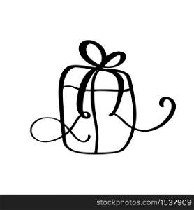 Christmas gift box vector icon silhouette. Simple gift contour symbol. Isolated on white web sign kit of stylized spruce. Handdraw flourish picture.. Christmas gift box vector icon silhouette. Simple gift contour symbol. Isolated on white web sign kit of stylized spruce. Handdraw flourish picture