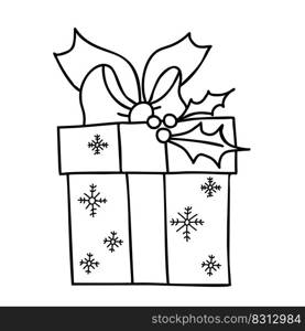 Christmas gift box with bow and mistletoe. Vector linear hand drawing in doodle style. For holiday decor, design, decoration and printing