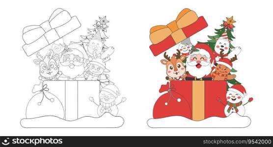 Christmas gift box with Santa Claus, snowman and reindeer and Christmas tree, Christmas theme line art doodle cartoon illustration, Coloring book for kids, Merry Christmas.