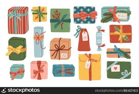 Christmas gift boxes clipart set. Cozy winter illustration. Present stickers set in flat style. Vector