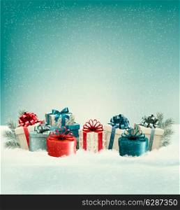 Christmas gift boxes in snow. Vector.