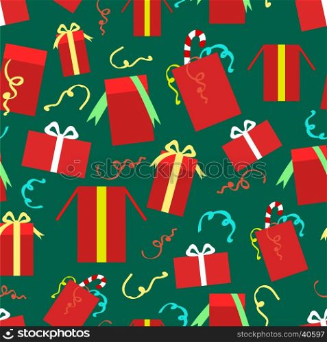 Christmas gift boxes seamless pattern. Red christmas gift boxes and serpentine seamless pattern. Vector illustration
