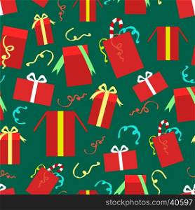 Christmas gift boxes seamless pattern. Red christmas gift boxes and serpentine seamless pattern. Vector illustration