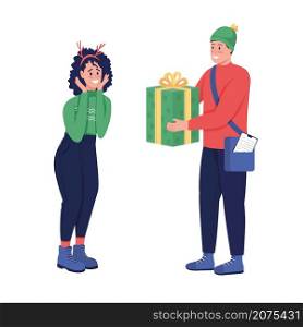 Christmas gift delivery semi flat color vector characters. Interacting figures. Full body people on white. Express shipment isolated modern cartoon style illustration for graphic design and animation. Christmas gift delivery semi flat color vector characters