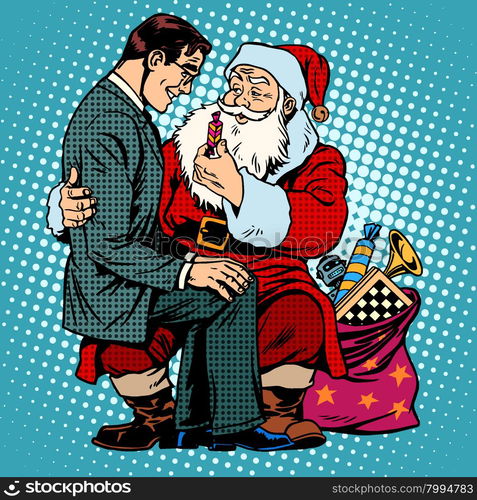 Christmas gift. Santa Claus and businessman