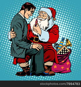 Christmas gift. Santa Claus and businessman