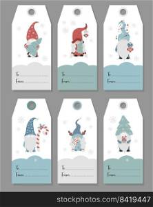 Christmas gift tags. Card labels with cute characters Scandinavian gnomes. Cute girl gnome with lollipop and male gnome Christmas tree. Vector illustration. Isolated vertical design templates
