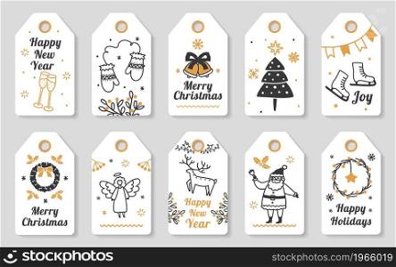 Christmas gift tags with hand drawn elements, cute xmas cards. Winter holiday labels with santa and dear, new year celebration tag vector set. Glasses with champagne, angel and wreath