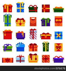 Christmas Gift. Winter festive presents box, secret Santa happy holiday gifts wrap packaging and square holidays birthday or Xmas present boxing, surprise isolated vector icons set. Christmas Gift. Winter festive presents, secret Santa gifts and holidays present boxing isolated vector icons set