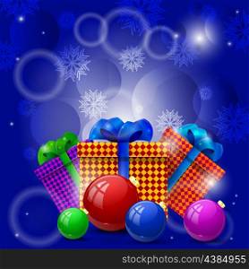 Christmas gifts and Christmas balls on a blue background