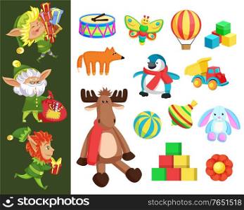 Christmas gifts and elves with presents, Santa helpers and toys. Drum and butterfly, cubes and air balloon, fox and penguin, truck and ball. Whirligig and flower, moose and bunny vector illustration. Christmas Holiday, Elves and Gift Boxes or Toys