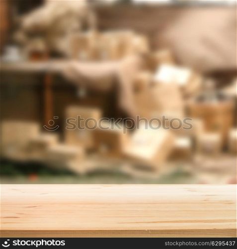 Christmas gifts background with wooden table for your design. Vector illustration.