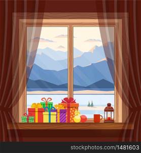 Christmas gifts on window in cozy home on background of morning and evening blue mountains, snow and river in winter, at dawn, sunset. Celebrating Christmas and New year. Vector flat illustration.