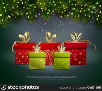 Christmas gifts poster with red and green boxes spruce twigs and lights realistic vector Illustration. Christmas Gifts Poster