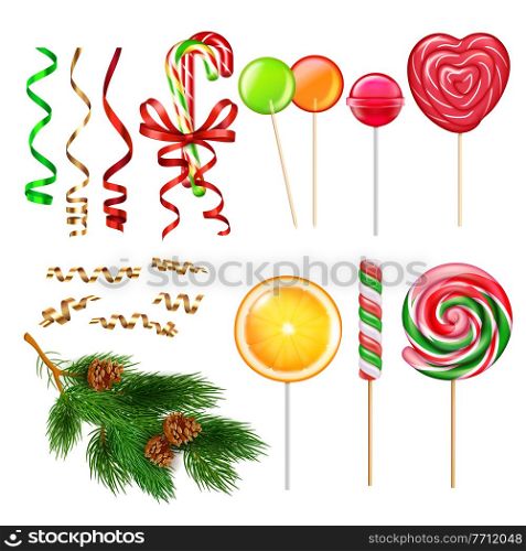 Christmas gifts presents accessories realistic set with serpentine tape fir tree decorations candies caramel lollypops vector illustration. Candies Lollypops Christmas Set