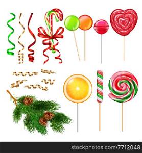 Christmas gifts presents accessories realistic set with serpentine tape fir tree decorations candies caramel lollypops vector illustration. Candies Lollypops Christmas Set