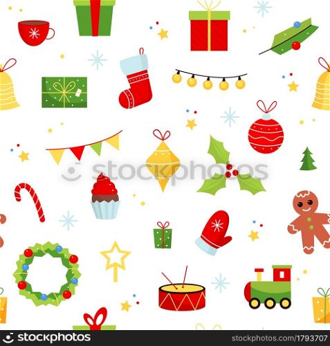 Christmas gifts. Xmas cartoon flat objects, new year toys, glass balls, wreath and gingerbread man, paper print or fabric design. Vector seamless pattern, decor textile, wrapping paper or wallpaper. Christmas gifts. Xmas cartoon flat objects, new year toys, glass balls, wreath and gingerbread man, paper print design. Vector seamless pattern, decor textile, wrapping paper or wallpaper