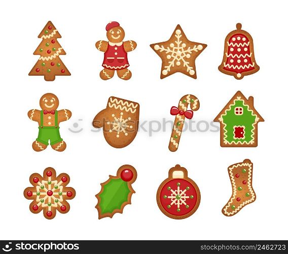 Christmas gingerbread cookies on white background. Christmas tree and star, bell and house. Christmas gingerbread cookies