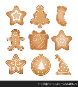 Christmas gingerbread cookies set isolated on white background.