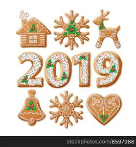 Christmas gingerbread realistic illustrations set. 2019 New Year homemade biscuits collection. Xmas cookies decoration design elements. Christmas gingerbread with winter patterns. Isolated vector. Christmas gingerbread realistic illustrations set