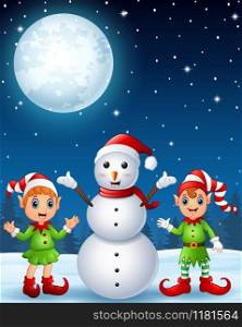 Christmas girl elf with boy elf and snowman in the winter night background