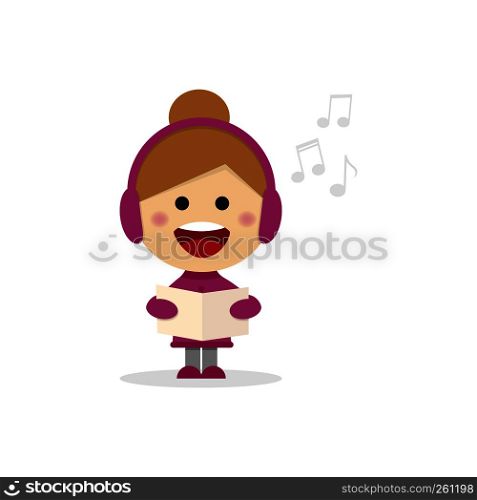 Christmas girl singing carols on a white background. Vector illustration