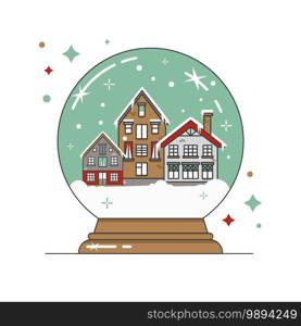 Christmas glass snow globe with a small houses. New Year gift. Flat vector illustration with winter landscape isolated on background.. Christmas glass snow globe with a small houses. New Year gift. Flat vector illustration with winter landscape.