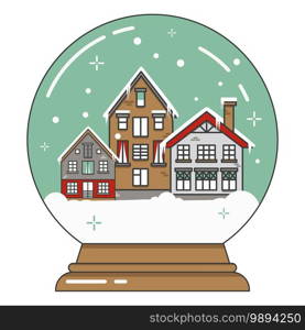 Christmas glass snow globe with a small houses. New Year gift. Flat vector illustration with winter landscape isolated on background.. Christmas glass snow globe with a small houses. New Year gift. Flat vector illustration with winter landscape.