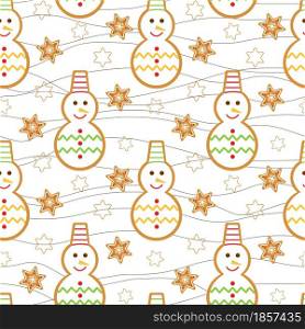 Christmas glazed snowmen seamless pattern. Background with traditional New Year&rsquo;s holiday pastries. Gingerbread template for gift wrapping, fabric and wallpaper.. Christmas glazed snowmen seamless pattern.