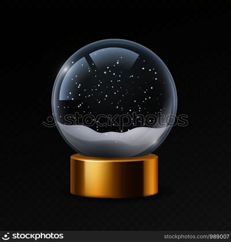 Christmas globe. Empty snowglobe with snow, magic crystal ball. Transparent glass sphere with snowflakes. Xmas souvenir vector winter 3d bubble mockup. Christmas globe. Empty snowglobe with snow, magic crystal ball. Transparent glass sphere with snowflakes. Xmas souvenir vector mockup