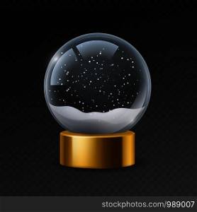 Christmas globe. Empty snowglobe with snow, magic crystal ball. Transparent glass sphere with snowflakes. Xmas souvenir vector winter 3d bubble mockup. Christmas globe. Empty snowglobe with snow, magic crystal ball. Transparent glass sphere with snowflakes. Xmas souvenir vector mockup