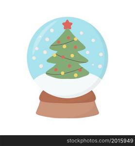 Christmas globe glass with tree and snowflakes in winter. Colored flat vector illustration isolated on white background.. Christmas globe glass with tree and snowflakes in winter. Colored flat vector illustration isolated on white background